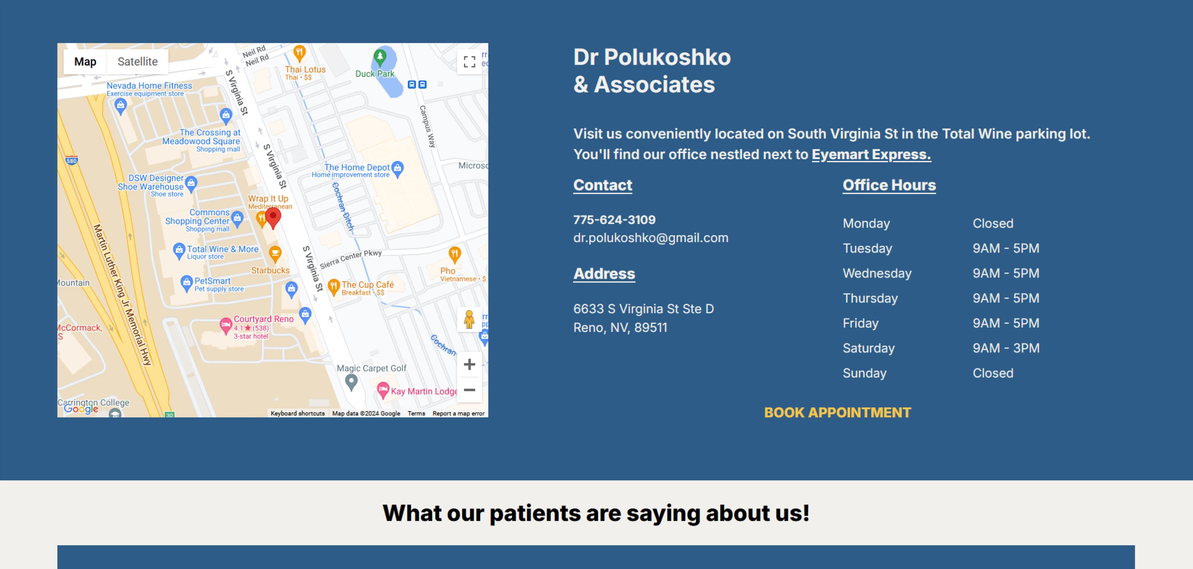 Contact section for Dr. Polukoshko & Associates, featuring a Google map of the office location on South Virginia St in Reno, NV, near Eyemart Express. The section includes contact details, office hours, and a 'Book Appointment' button.